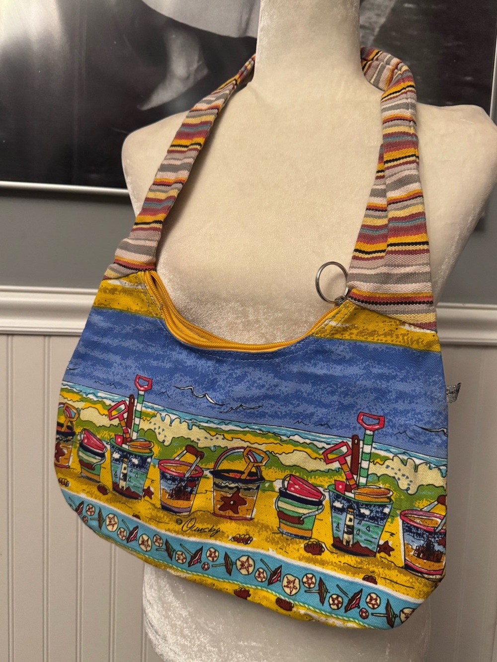 Vintage Anne Ormsby Quasby Canvas Beach Tote Bag Colorful Pails Shovels